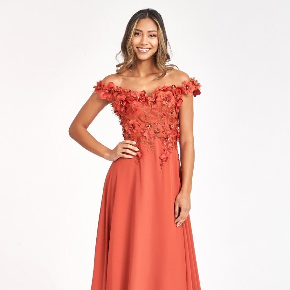 NEW SIENNA CHIFFON OFF THE SHOULDER LONG A-LINE DRESS WITH ZIPPER BACK GL3018